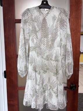 Nora Noh Long Sleeve Floral Sheer Dress in White and Sage